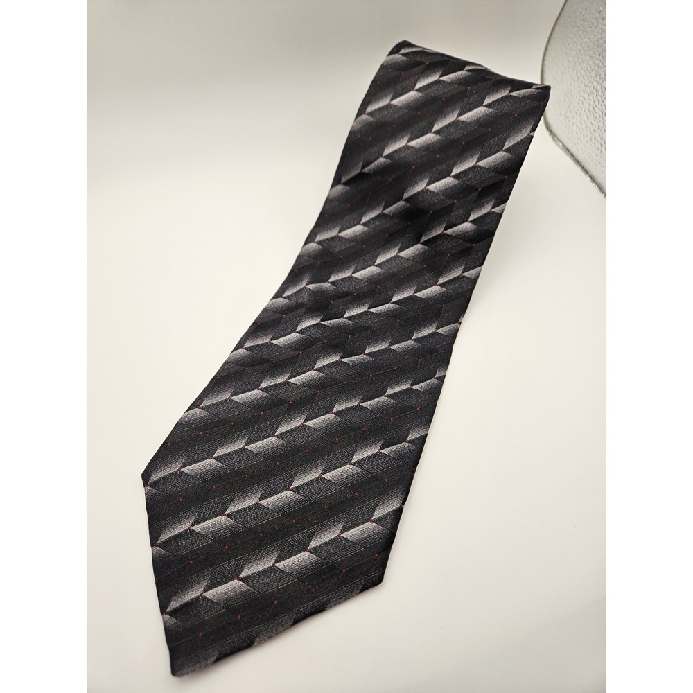 Alfani Mens Silk Necktie Black Grey Geometric Chevron Red Micro Dot WPL 8046